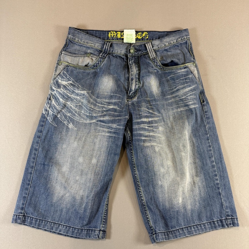 Miskeen Shorts Mens 34 Blue Denim Bermuda Wings Embroidered Graphic Relaxed